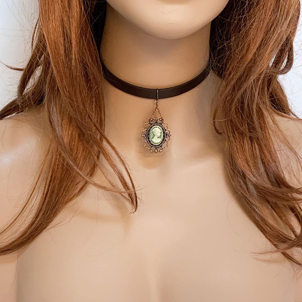Victorian Style Brown Leather Cameo Choker Necklace - Gothic Grace Inc