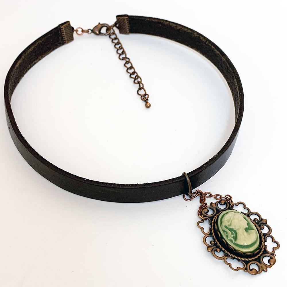 Victorian Style Brown Leather Cameo Choker Necklace - Gothic Grace Inc