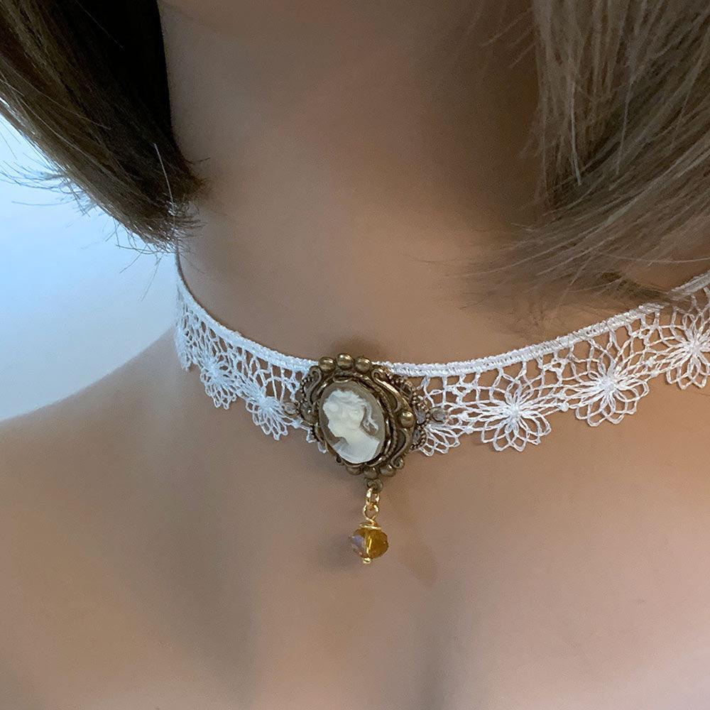 White Lace Victorian Cameo Choker - Gothic Grace Inc