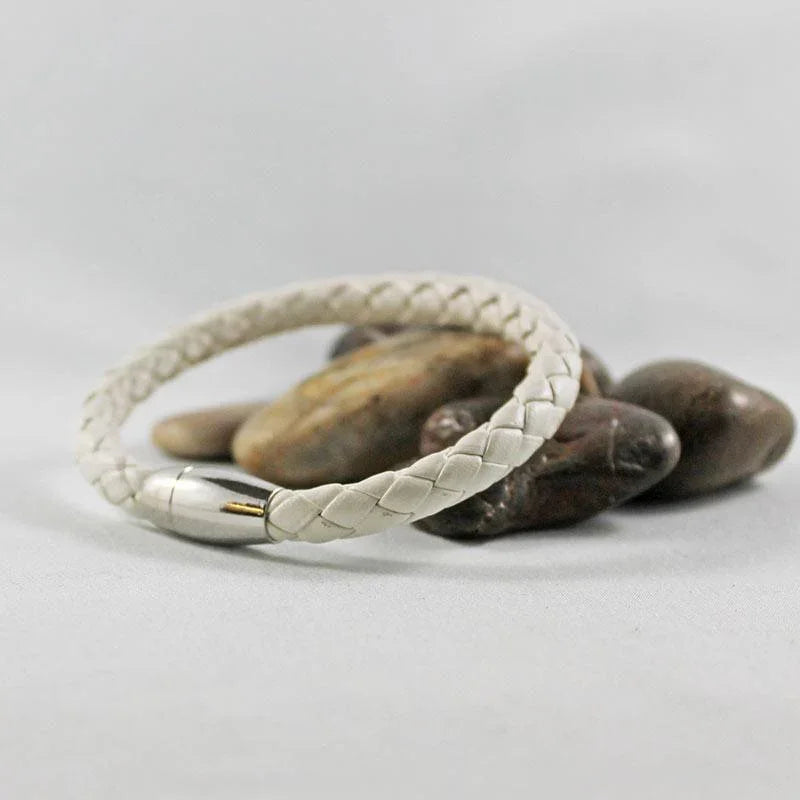 White Leather Silver Tube Magnetic Clasp Bracelet - Gothic Grace Inc