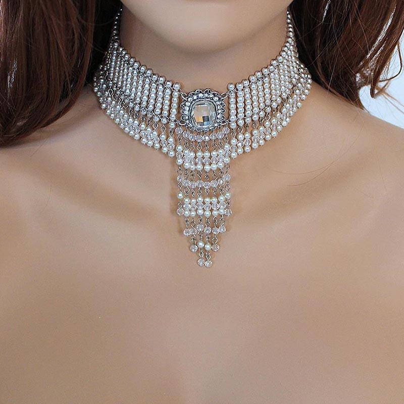 Beaded Crystal Pearl Victorian Choker Necklace - Gothic Grace Inc
