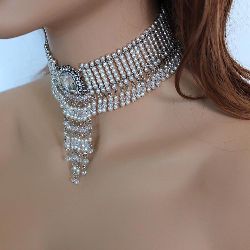 Beaded Crystal Pearl Victorian Choker Necklace - Gothic Grace Inc